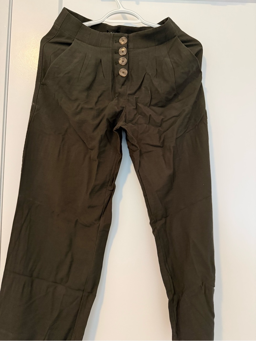 LOFT Olive Green High-Waist Button-Front Linen Pants